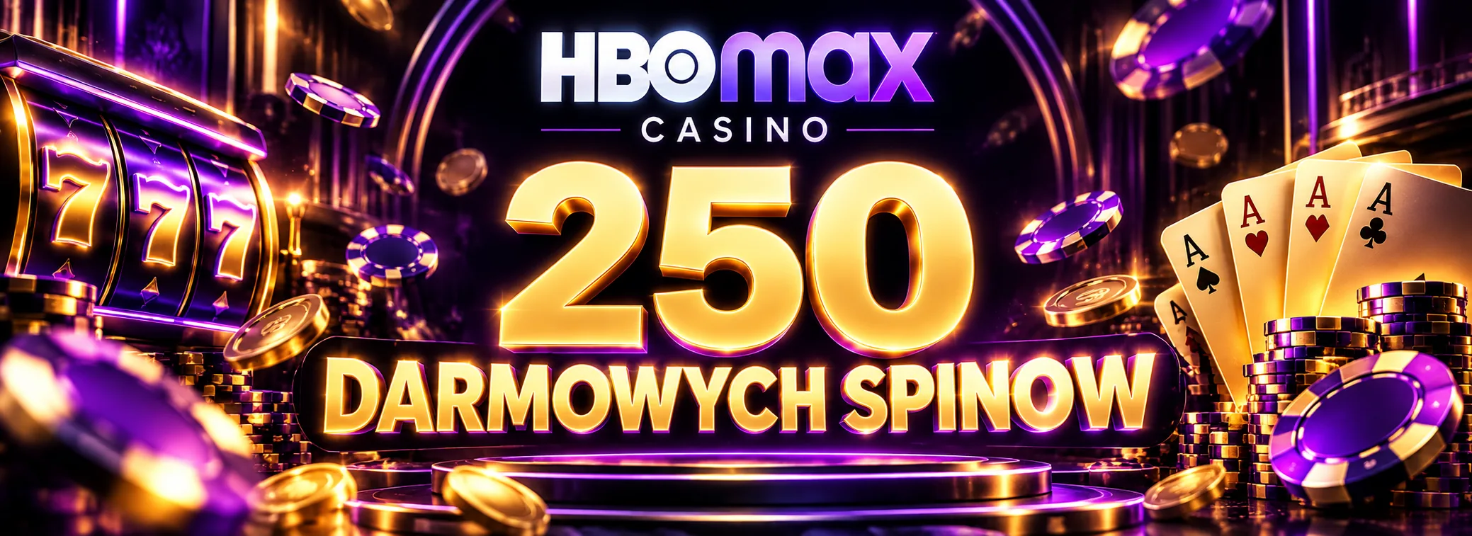 Złota kwota bonusu HBO Max Casino na fioletowym gradiencie